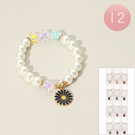 12PCS - Enamel Flower Charm Pearl Beaded Stretch Bracelets