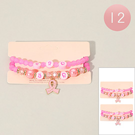 12 SET OF 2 - Enamel Pink Ribbon Charm Beaded Stretch Bracelets