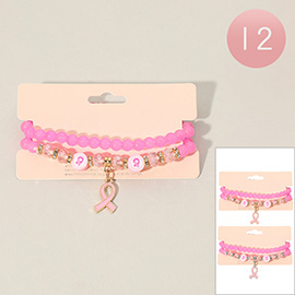 12 SET OF 2 - Enamel Pink Ribbon Charm Beaded Stretch Bracelets