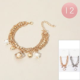 12PCS - Pearl Star Metal Heart Charm Station Layered Chain Strand Bracelets