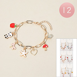 12PCS - Enamel Starfish Seashell Pearl Panda Butterfly Flower Charm Station Paperclip Chain Bracelets