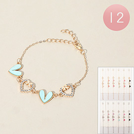 12PCS - Enamel Stone Paved Heart Link Bracelets