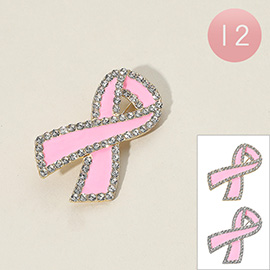 12PCS - Stone Paved Rim Enamel Pink Ribbon Pin Brooches