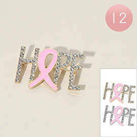 12PCS - Stone Paved Enamel Pink Ribbon HOPE Message Pin Brooches