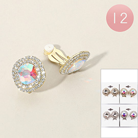 12Pairs - Round Rhinestone Clip On Earrings