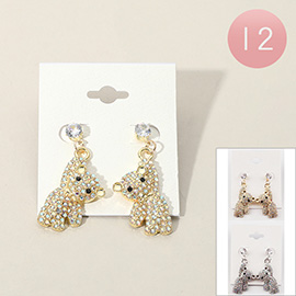 12Pairs - Stone Studded Teddy Bear Dangle Earrings
