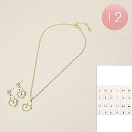 12PCS - Stone Paved Rim Enamel Heart Lock Pendant Necklaces