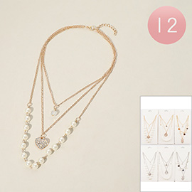 12PCS - Stone Paved Heart Pendant Pointed Pearl Link Triple Layered Necklaces