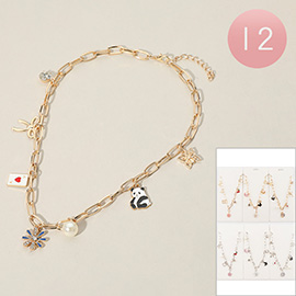 12PCS - Flower Pearl Quatrefoil Panda Shell Butterfly Charm Station Paperclip Chain Necklaces