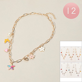 12PCS - Enamel Starfish Seashell Pearl Panda Butterfly Flower Charm Station Paperclip Chain Necklaces