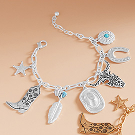 Western Cowboy Boot Hat Steer Head Horseshoe Star Charm Station Bracelet