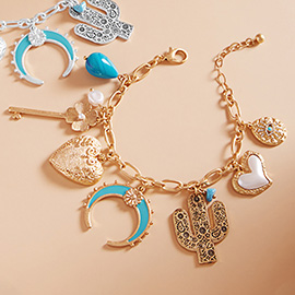 Western Cactus Pearl Heart Metal Flower Key Crescent Charm Station Bracelet