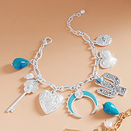 Western Cactus Pearl Heart Metal Flower Key Crescent Charm Station Bracelet