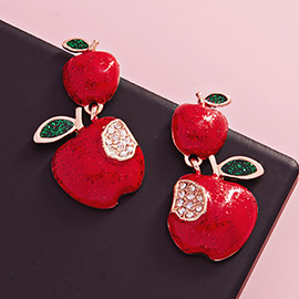 Stone Paved Glittered Enamel Apple Dangle Earrings