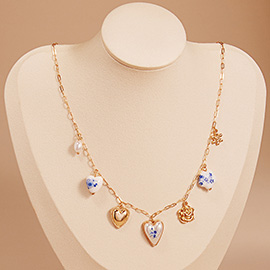 Floral Ceramic Heart Pearl Metal Heart Flower Charm Station Paperclip Chain Necklace