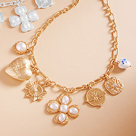 Pearl Clover Metal Heart Honey Bee Medal Charm Station Necklace
