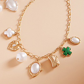 Pearl Quatrefoil Heart Clover Metal Nugget Charm Station Necklace