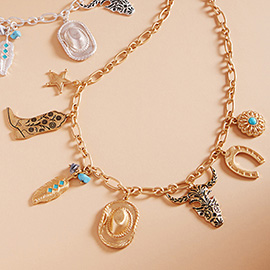 Western Cowboy Boot Hat Steer Head Horseshoe Star Charm Station Necklace