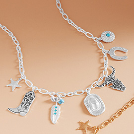 Western Cowboy Boot Hat Steer Head Horseshoe Star Charm Station Necklace