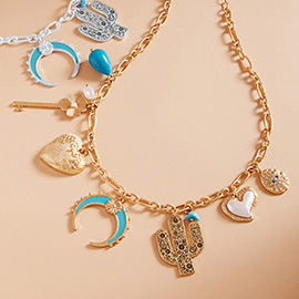 Western Cactus Pearl Heart Metal Flower Key Crescent Charm Station Necklace