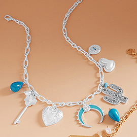 Western Cactus Pearl Heart Metal Flower Key Crescent Charm Station Necklace