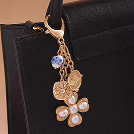 Pearl Clover Metal Honeybee Embossed Medal Floral Ceramic Heart Charm Drop Keychain / Bag Charm
