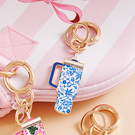 Enamel Floral Pattern Tumbler Back Engraved Keychain / Bag Charm