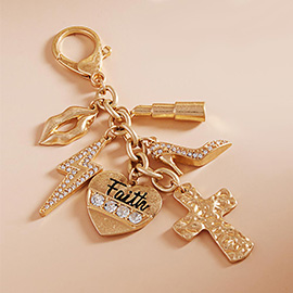 Metal Cross Building Lip Stone Paved High Heel Electric Faith Message Heart Charm Embellished Keychain / Bag Charm