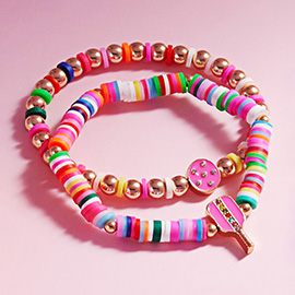2PCS - Enamel Pickleball Charm Heishi Beaded Stretch Multi Layered Bracelets
