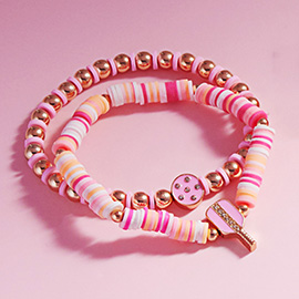 2PCS - Enamel Pickleball Charm Heishi Beaded Stretch Multi Layered Bracelets