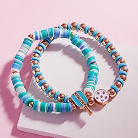 2PCS - Enamel Pickleball Charm Heishi Beaded Stretch Multi Layered Bracelets
