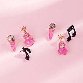 3PAIRS - Enamel Guitar Mic Music Note Stud Earring Set
