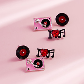 3PAIRS - Enamel Turn Table Music Stud Earring Set