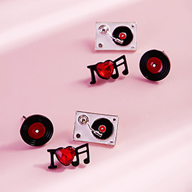 3PAIRS - Enamel Turn Table Music Stud Earring Set