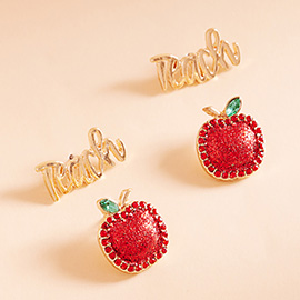 2Pairs - Enamel Apple Teach Message Stud Earring Set