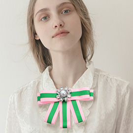 Pearl Cluster Pointed Color Block Bow Brooch / Hair Clip