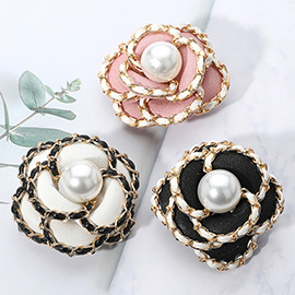 Pearl Pointed Faux Leather Chain Rim Tweed Flower Pin Brooch / Hair Clip