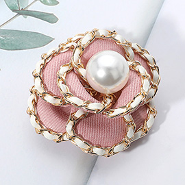 Pearl Pointed Faux Leather Chain Rim Tweed Flower Pin Brooch / Hair Clip