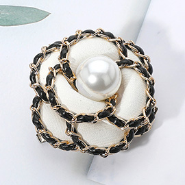 Pearl Pointed Faux Leather Chain Rim Tweed Flower Pin Brooch / Hair Clip
