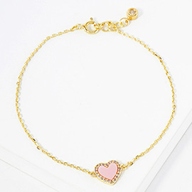 Gold Dipped CZ Stone Paved Rim Heart Charm Pointed Bracelet