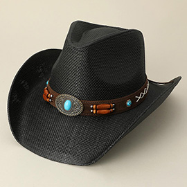Turquoise Stone Pointed Wooden Beaded Band Western Straw Cowboy Fedora Hat