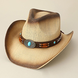 Turquoise Stone Pointed Wooden Beaded Band Western Straw Cowboy Fedora Hat