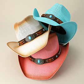 Turquoise Stone Pointed Wooden Beaded Band Western Straw Cowboy Fedora Hat
