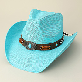 Turquoise Stone Pointed Wooden Beaded Band Western Straw Cowboy Fedora Hat