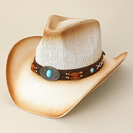 Turquoise Stone Pointed Wooden Beaded Band Western Straw Cowboy Fedora Hat
