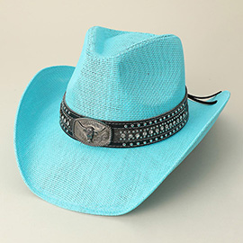 Antique Metal Steer Head Pointed Leather Band Western Straw Cowboy Fedora Hat