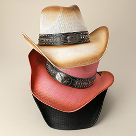 Antique Metal Steer Head Pointed Leather Band Western Straw Cowboy Fedora Hat