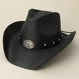 Antique Metal Eagle Buckle and Turquoise Studded Leather Band Western Straw Cowboy Fedora Hat