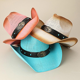 Antique Metal Eagle Buckle and Turquoise Studded Leather Band Western Straw Cowboy Fedora Hat