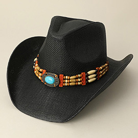 Turquoise Stone Pointed Wooden Beaded Band Western Straw Cowboy Fedora Hat